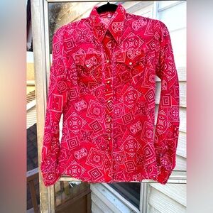 Vtg Rockmount Ranch Wear  70s Red Bandana Print Pearl Snap Button Down Shirt S/M